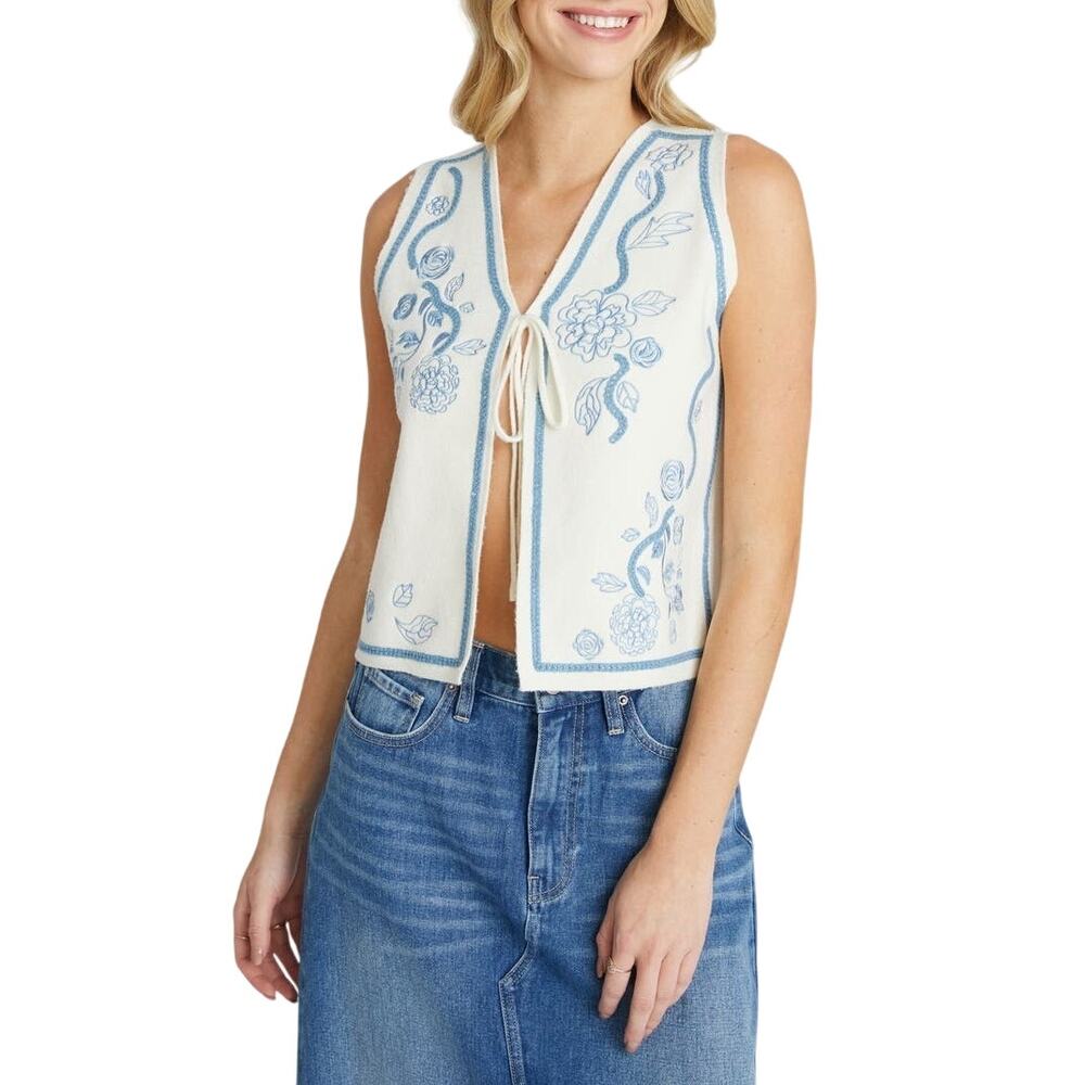 Driftwood Ravishing Roses Tie Front Cream Sweater Vest Size M
